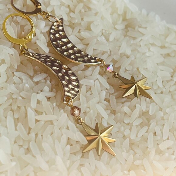 Gold Crescent Moon and Star Celestial Dangle Earrings with Swarovski Crystals - Picture 3 of 4